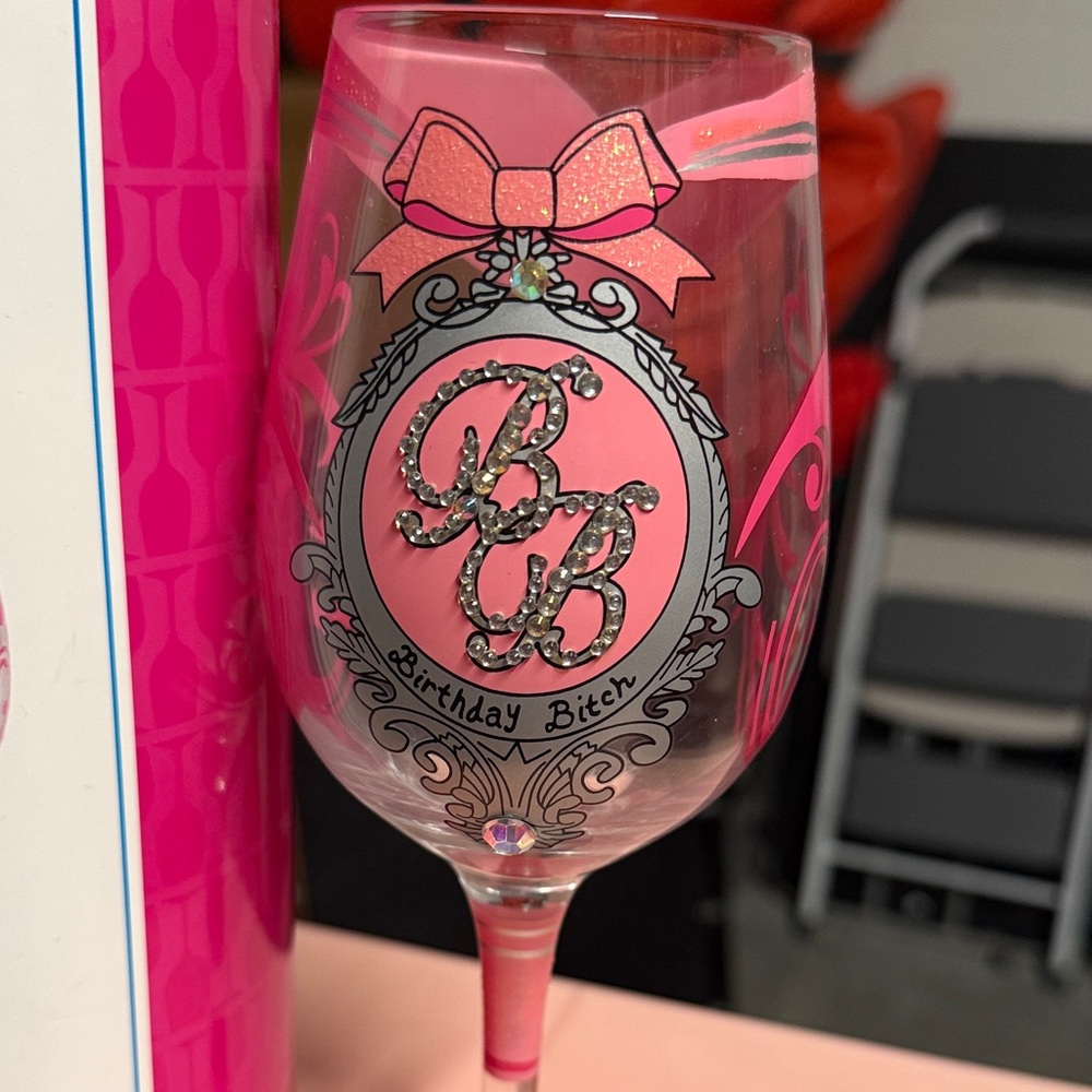 Lolita Pink Rhinestone "BB" Birthday **itch Wine Glass